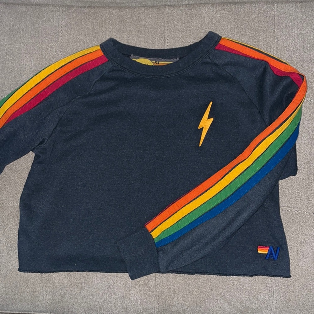 Aviator Nation crop crew - Navy Rainbow stripe
